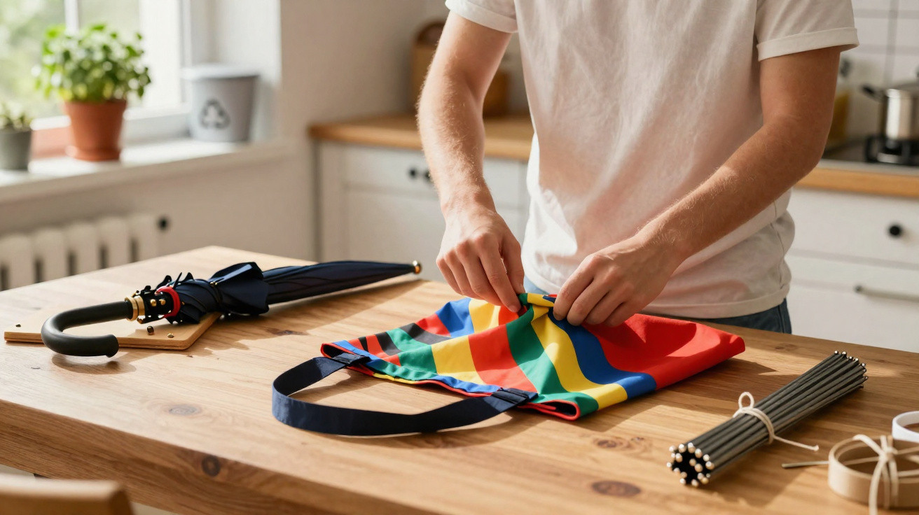 Person faltet eine bunte, gestreifte Einkaufstasche auf einem Holztisch in einer hellen Küche.