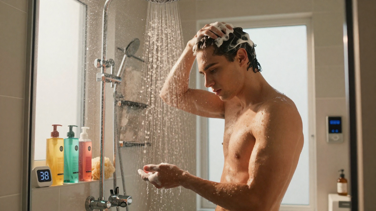 Junger Mann wäscht sich unter laufender Dusche mit Shampoo die Haare im modernen Badezimmer.