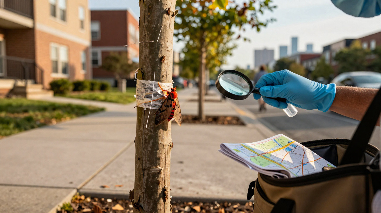 Person mit blauen Handschuhen untersucht einen Baum mit Lupe und hält eine Karte in der Hand auf einem Bürgersteig.