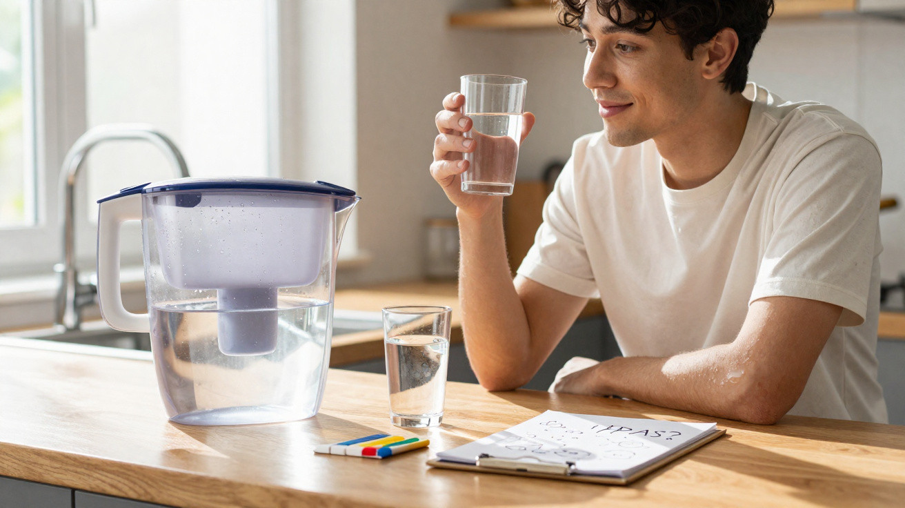 Junger Mann trinkt Wasser aus einem Glas neben einem Wasserfilter auf der Küchentheke.