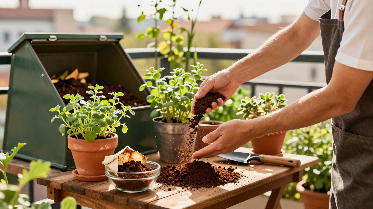 Person füllt Blumenerde auf einem Balkon in Blumentöpfe mit grünen Pflanzen bei Tageslicht.