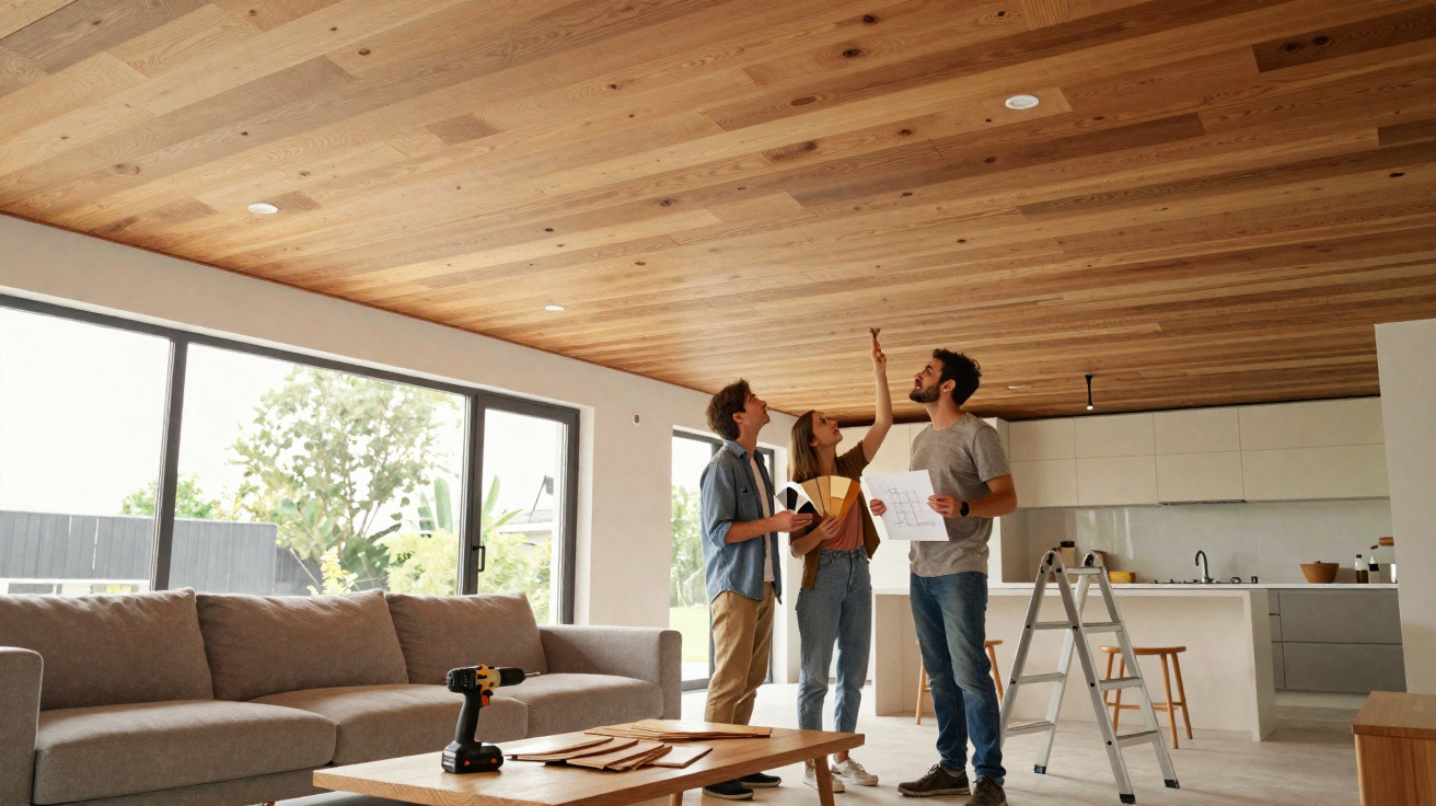 Drei Personen besprechen Renovierungsarbeiten in einem Wohnzimmer mit Holzbalkendecke und moderner Einrichtung.