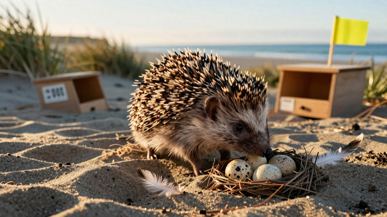 Igel auf Sandstrand neben Vogelnest mit Eiern und zwei kleinen Holzhäuschen im Hintergrund