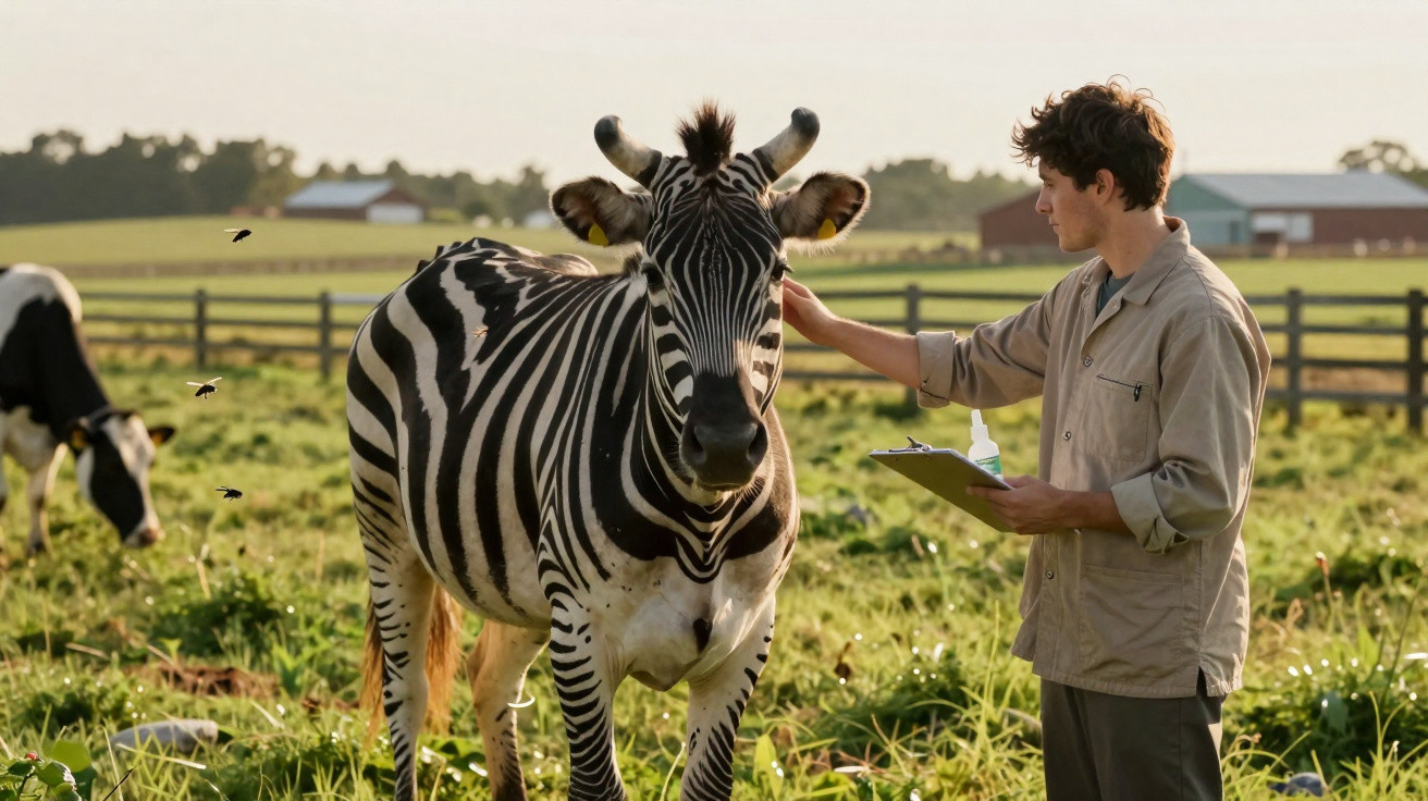 Tierarzt untersucht Zebra auf einer Weide, im Hintergrund Kühe und Scheunen bei Sonnenuntergang.