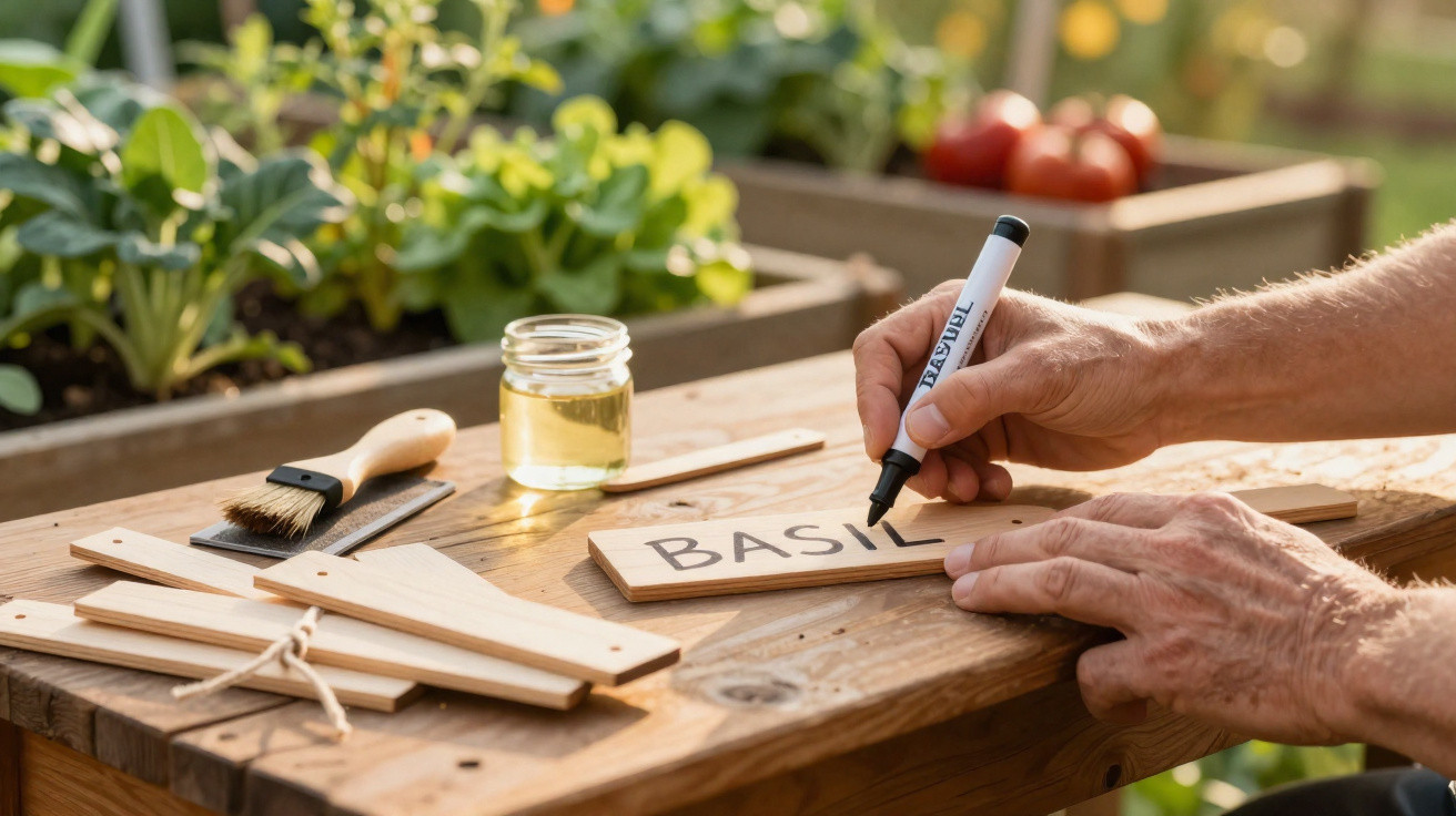 Hände beschriften ein Holzschild mit „Basilikum“ auf einem Gartentisch mit Pflanzen im Hintergrund.
