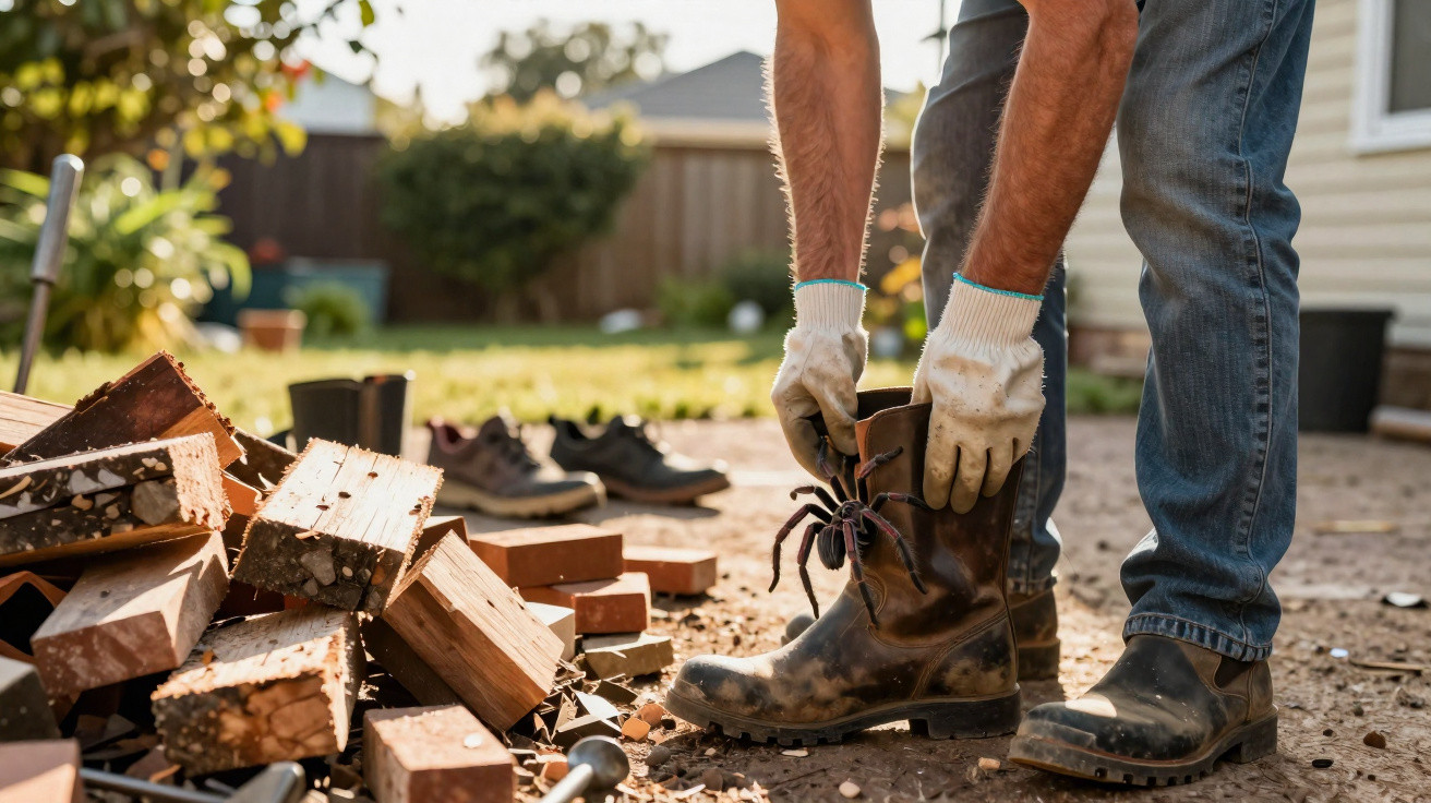 Person in Arbeitshandschuhen hält eine große Spinne am Stiefel in einem Garten mit Holzstapeln.
