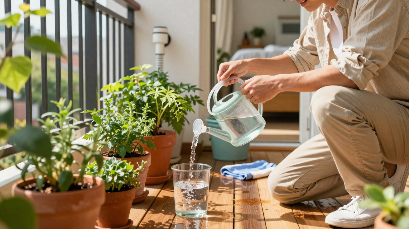 Person gießt Wasser aus einer Kanne in ein Glas auf einem Balkon mit mehreren Pflanzen in Blumentöpfen.