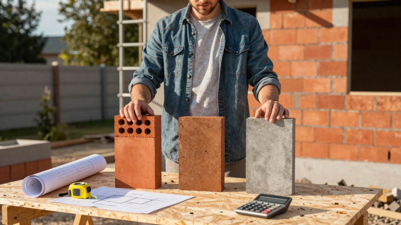 Mann vergleicht verschiedene Baustoffe auf einer Baustelle mit Bauplan, Maßband und Taschenrechner.