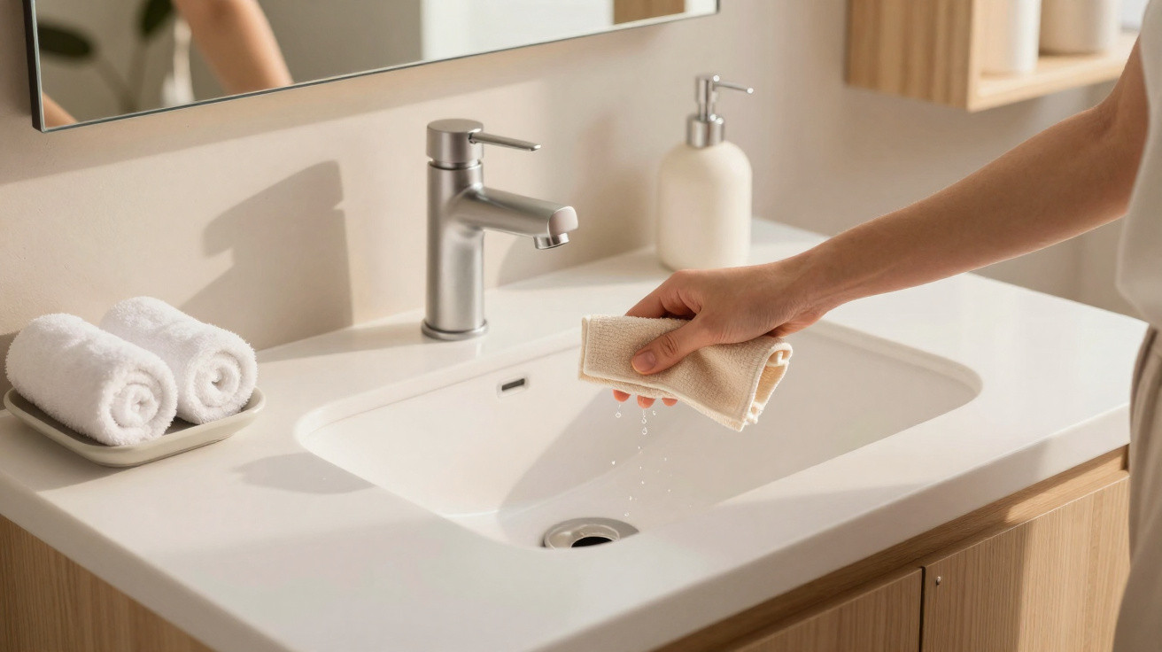 Hand wringt feuchtes Tuch über einem weißen Waschbecken mit Handtüchern und Seifenspender im Hintergrund.