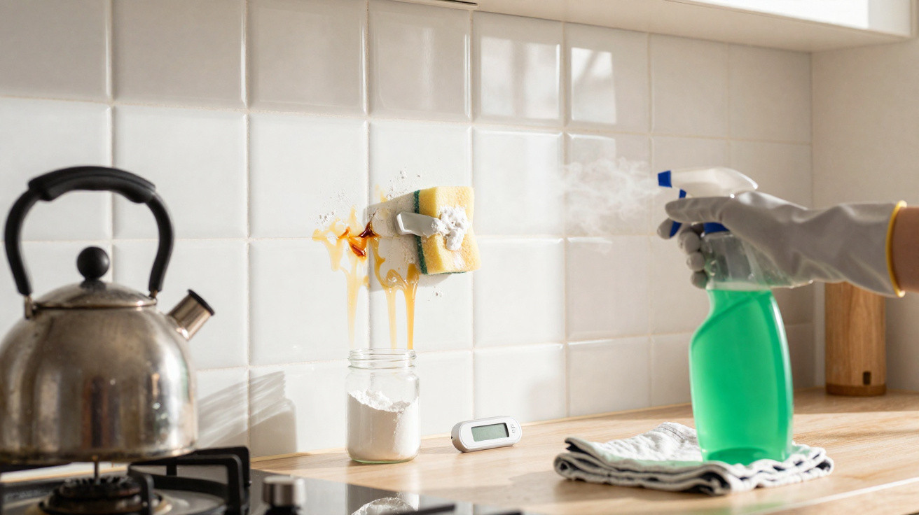 Küche mit Teekessel, schwebendem Schwamm über Glas, Hand sprüht grünes Reinigungsmittel auf weiße Fliesen.