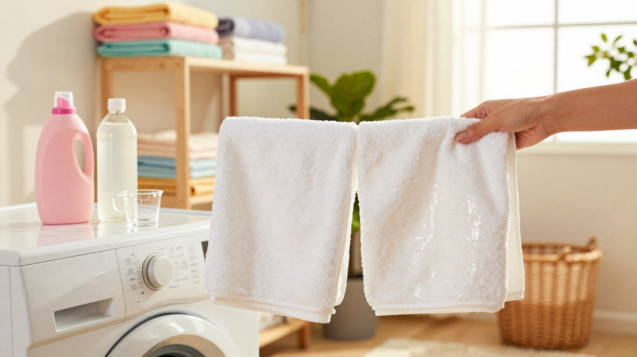 Hand hält zwei frisch gewaschene weiße Handtücher neben Waschmaschine und Regalen mit gefalteter Wäsche.