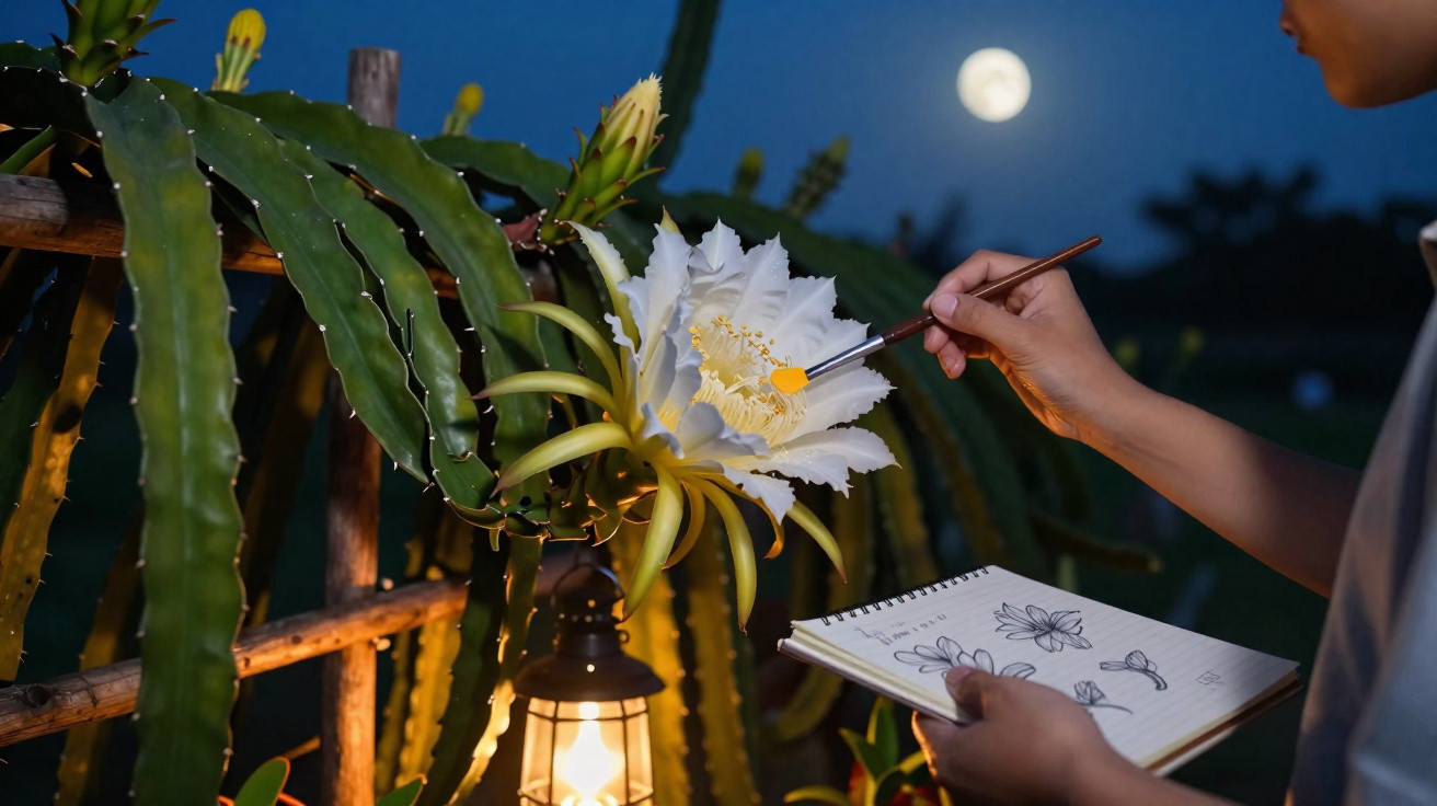 Person malt detaillierte Blüte eines Kaktus bei Nacht unter Vollmond und Laternenlicht.