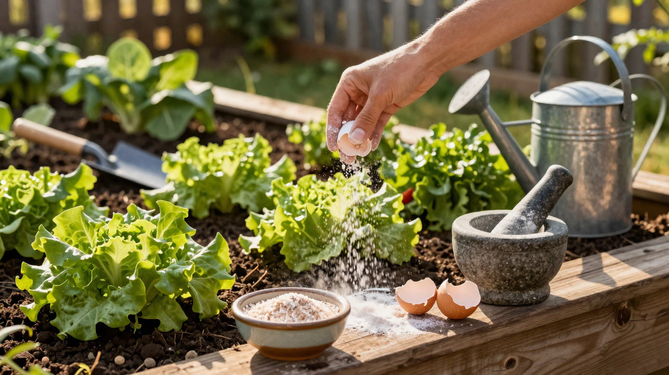 Hand bestreut mit zerstoßene Eierschale Düngemittel auf Salatpflanzen im Gartenbeet.