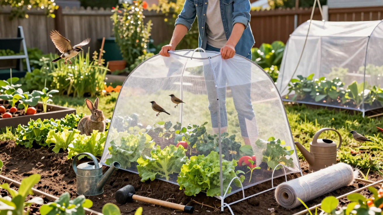 Person schützt Salat mit Schutznetz vor Vögeln im sonnigen Gemüsegarten, Kaninchen sitzt daneben.