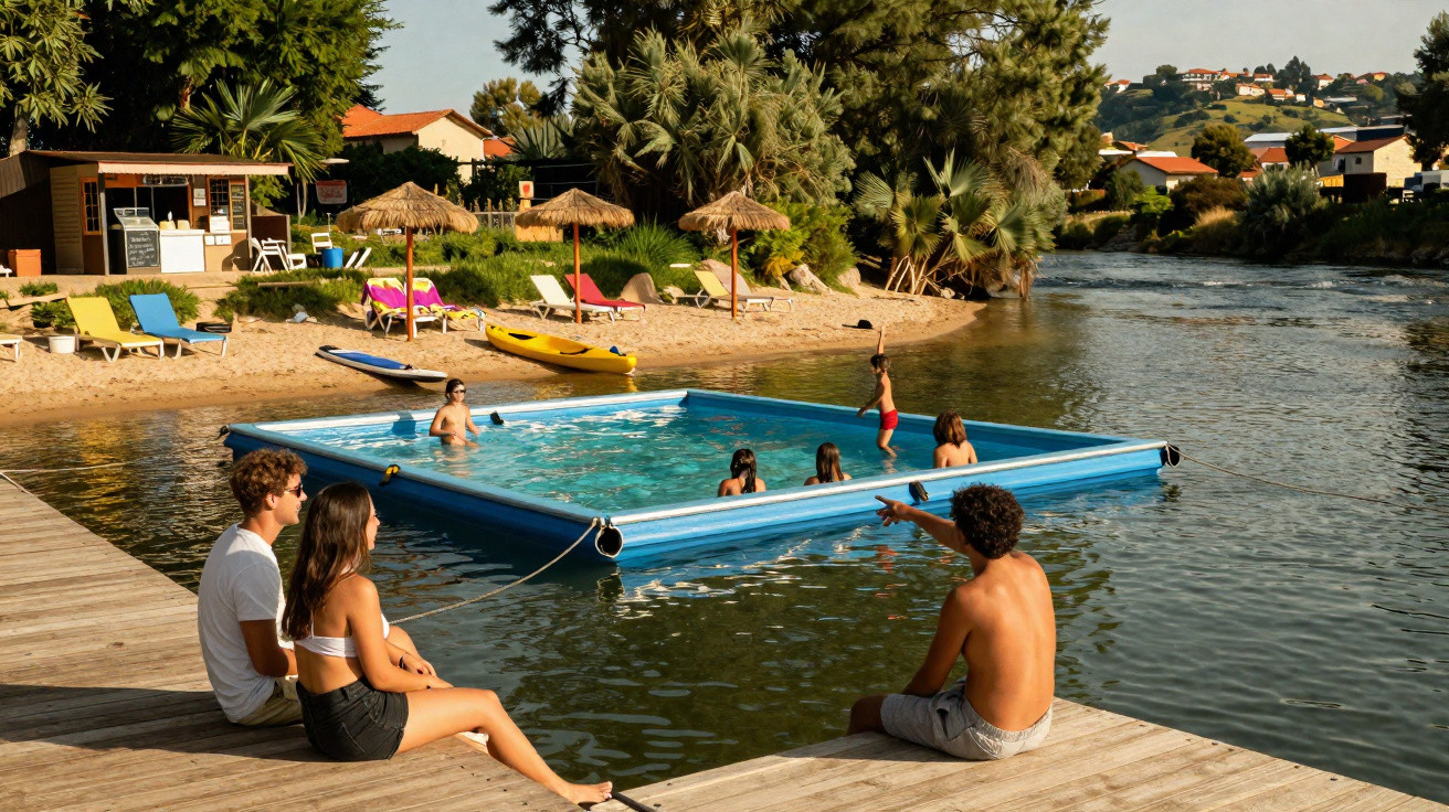 Menschen sitzen am Steg neben einem schwimmenden Pool im Fluss an einem sonnigen Strand mit Palmen und Strandliegen.