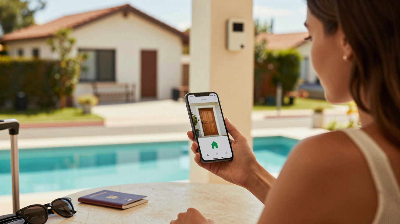 Frau steuert Haussicherheit per Smartphone-App am Pool in sonnigem Außenbereich eines Hauses.