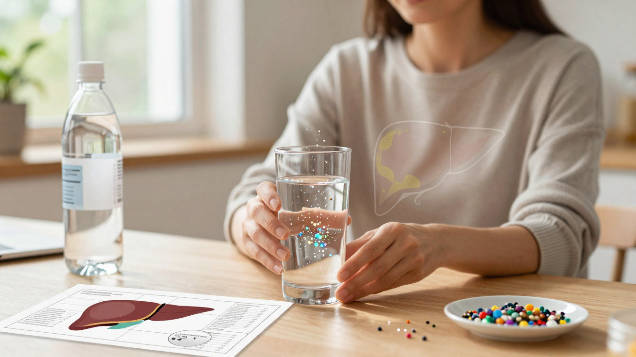 Frau hält Glas mit Trinkwasser, Lebergrafik auf Pullover und Leberdiagramm auf Tisch mit bunten Pillen.