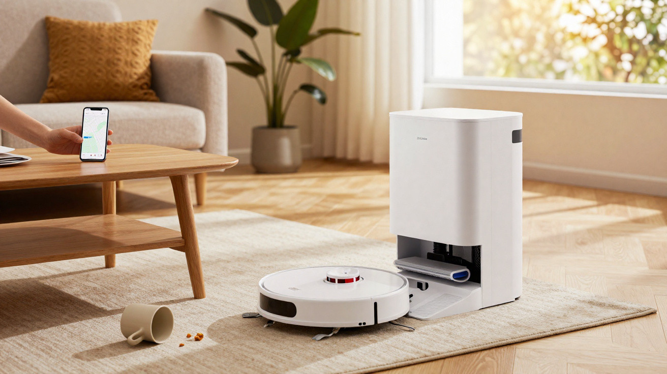 Saugroboter mit Ladestation auf Teppich neben umgefallener Tasse und verstreuten Snacks im Wohnzimmer.