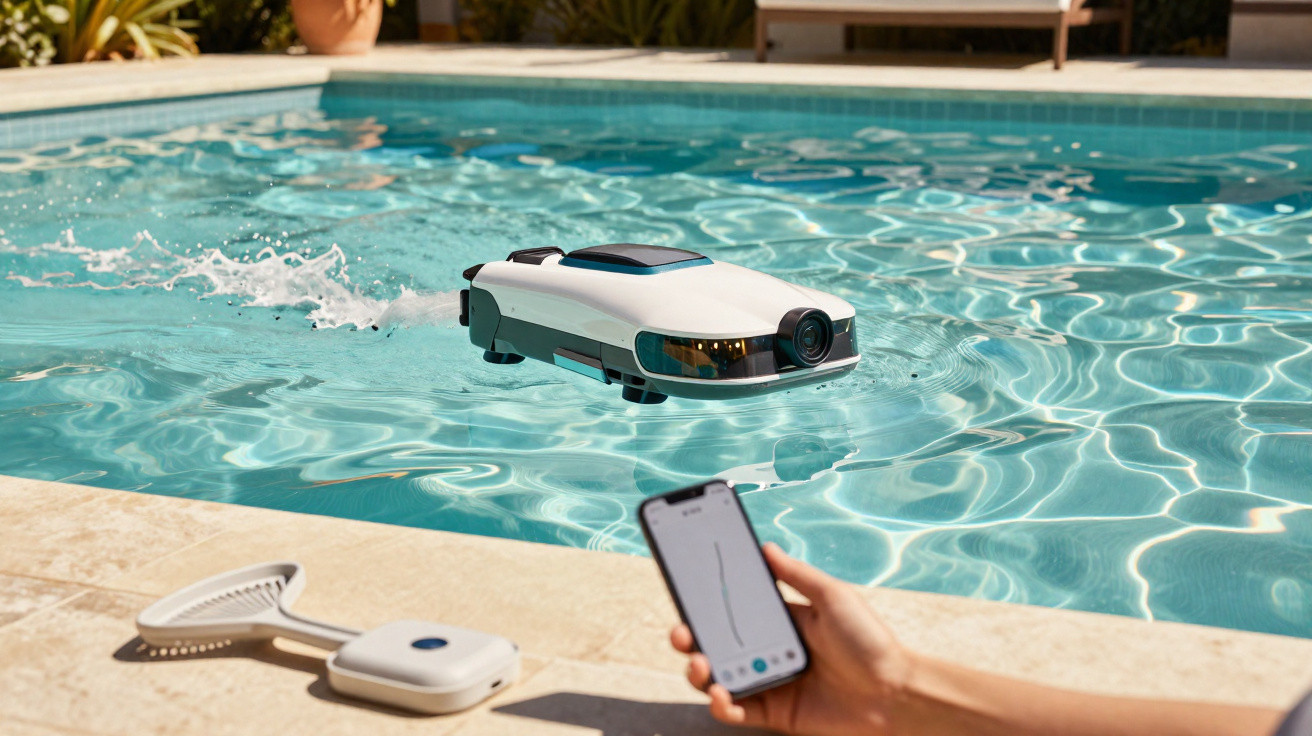 Poolroboter mit Kamera schwimmt im Wasser, Person steuert ihn per Smartphone-App am Poolrand.