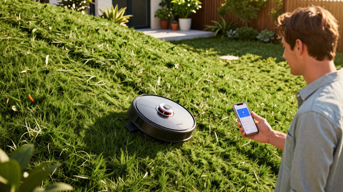 Mann steuert Rasenmähroboter mit Smartphone in einem sonnigen Garten vor einem Haus.