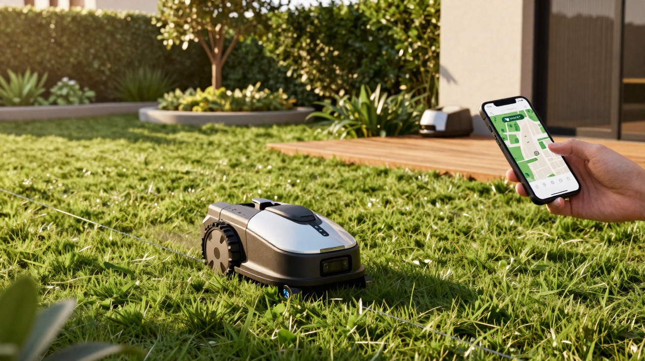 Roboter-Rasenmäher fährt über den Rasen, gesteuert per Smartphone-App in einem sonnigen Garten.