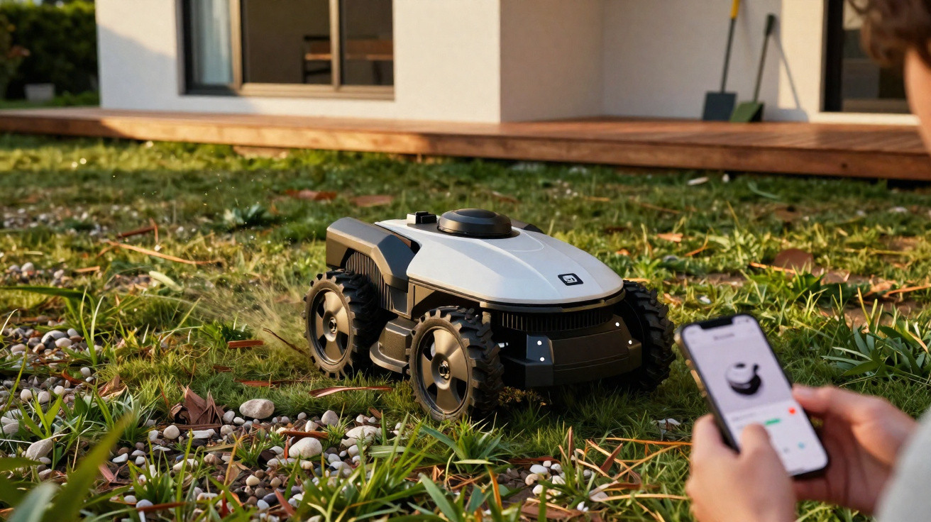 Autonomer Rasenmähroboter fährt über Gras, Person steuert ihn per Smartphone-App.