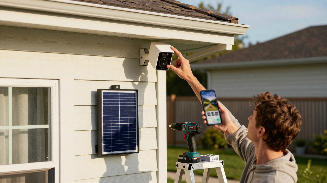 Mann montiert Überwachungskamera an Hauswand, neben Solarpanel und Bohrmaschine, hält Smartphone in der Hand.