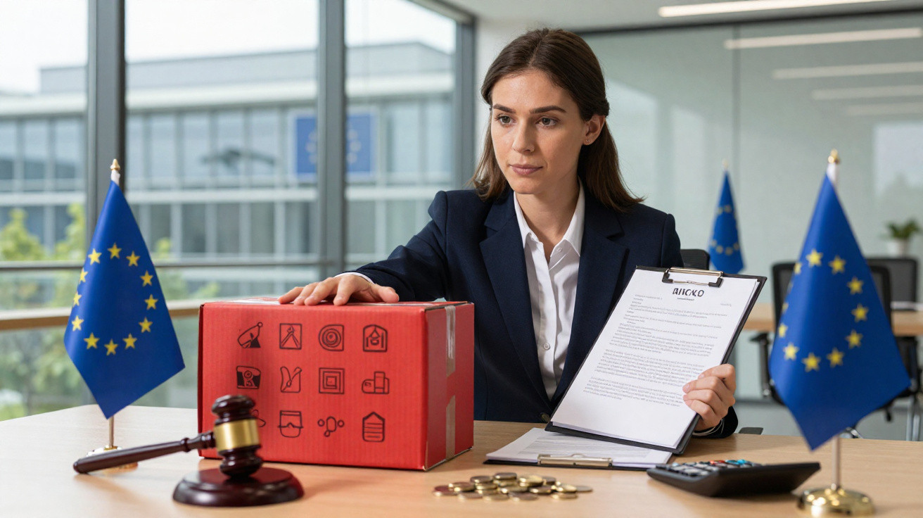 Frau in Büro mit Aktenordner und rotem Paket, EU-Flaggen und Richterhammer auf dem Tisch.