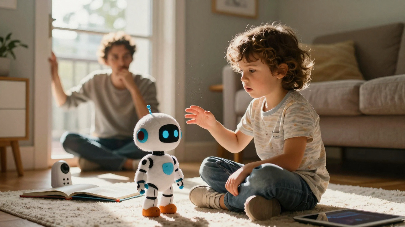 Kleiner Junge sitzt auf dem Boden und spielt mit einem weißen Roboter, im Hintergrund ein Mann auf dem Teppich.