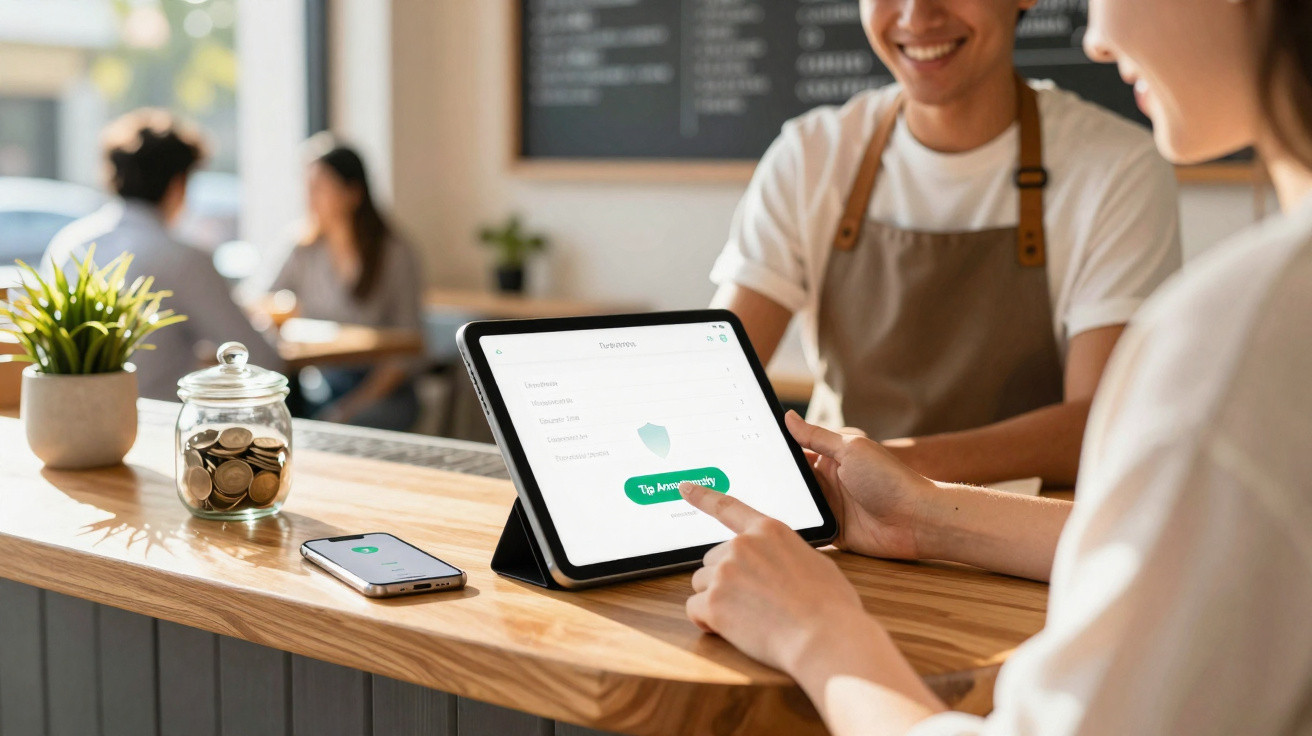 Person tätigt kontaktlose Bezahlung mit Tablet an der Café-Theke, Barista im Hintergrund lächelt.