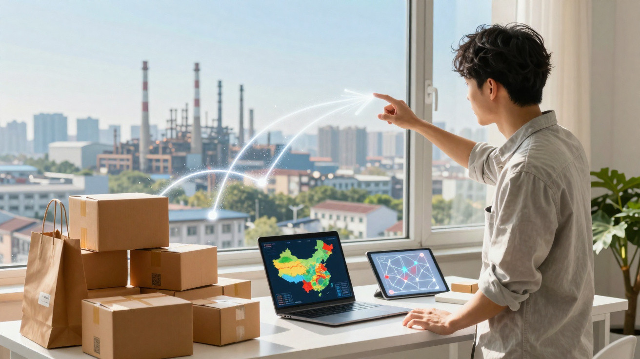 Junger Mann steuert Lieferkettenlogistik an Laptop und Tablet vor Fenster mit Stadt- und Industriepanorama.