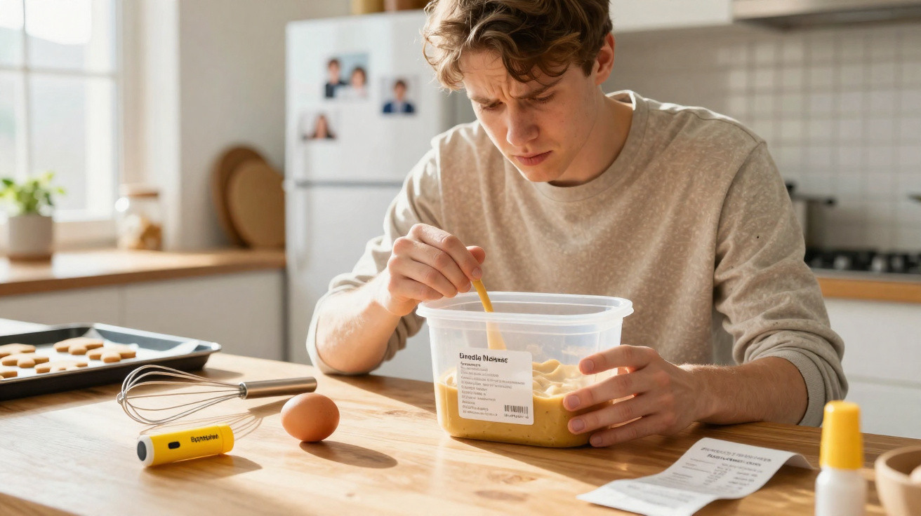 Junger Mann rührt Teig in einer Plastikbox in heller Küche auf Holztisch mit Backzutaten.