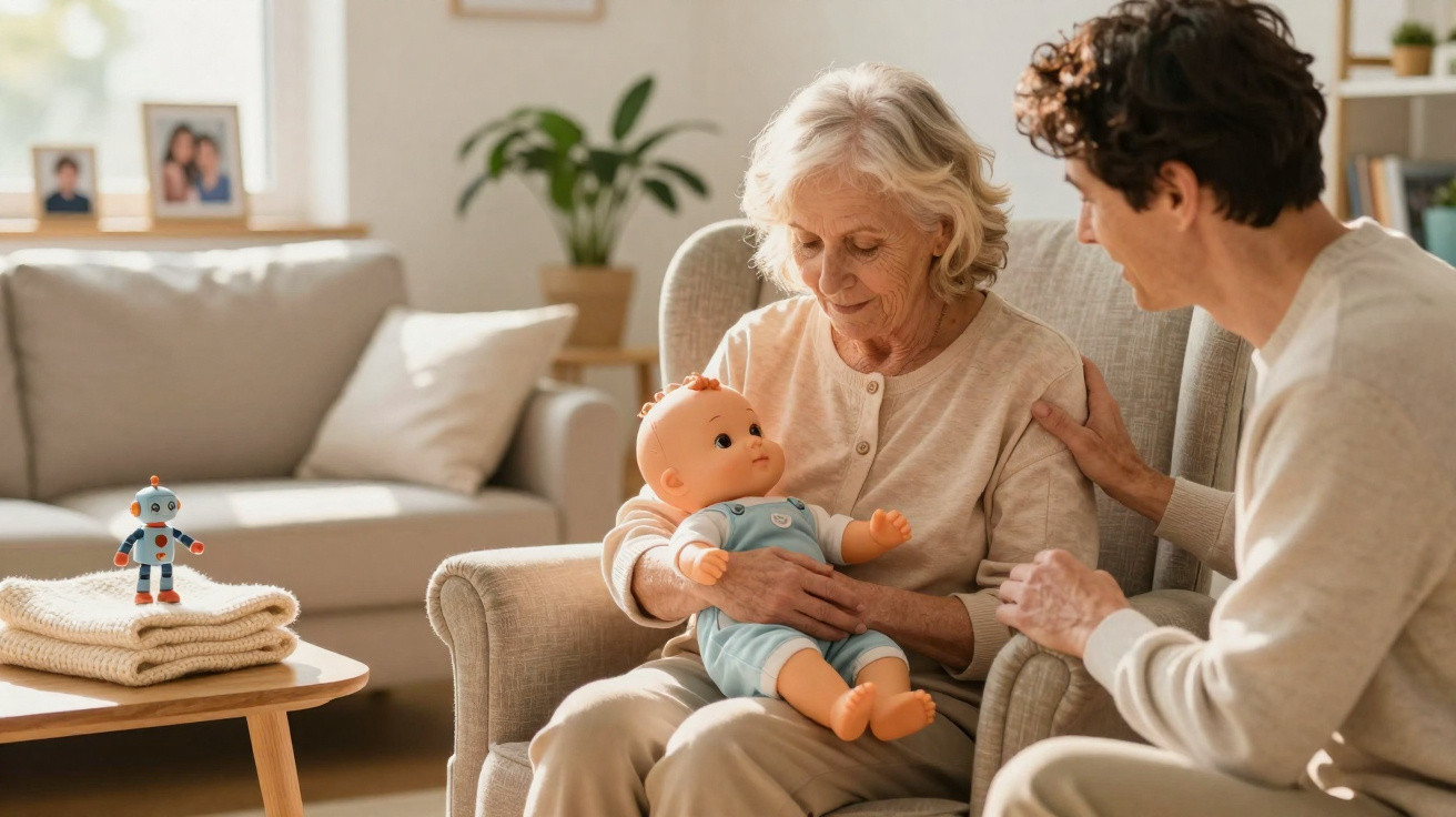 Ältere Frau hält Puppe im Arm, während eine jüngere Person sie fürsorglich berührt im Wohnzimmer.