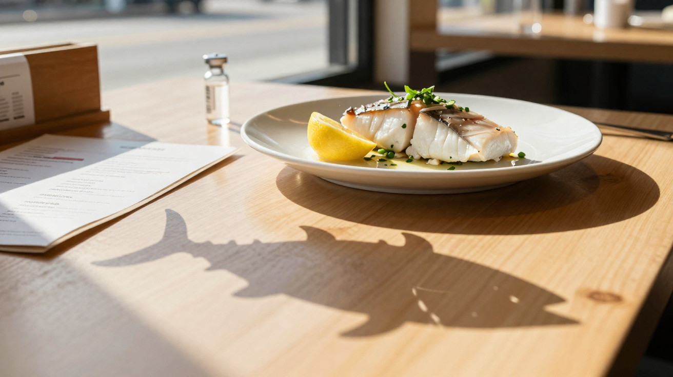 Ein Teller mit Fischfilet, Zitronenspalte und Kräutern auf einem Holztisch, Schatten einer Haifischfigur sichtbar.