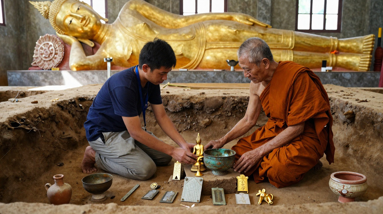 Ein Mönch und ein Mann untersuchen buddhistische Artefakte vor einer liegenden goldenen Buddha-Statue.