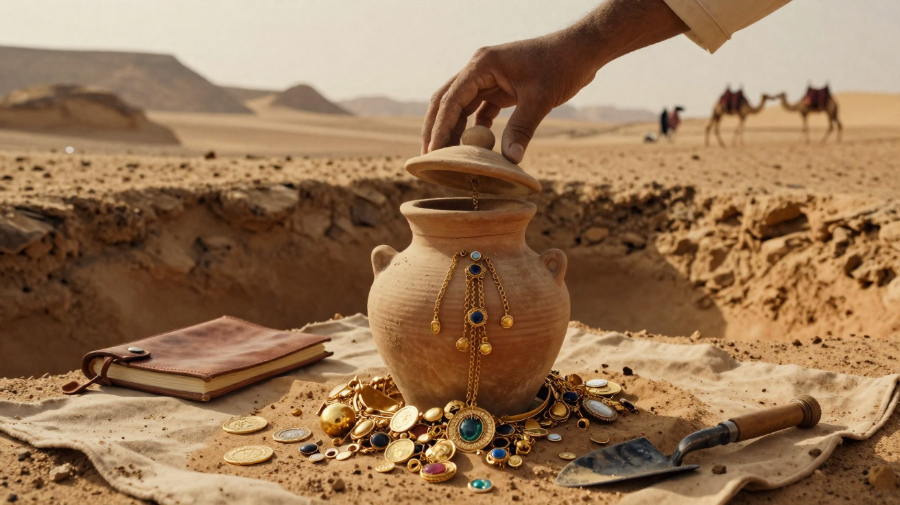 Hand hebt Deckel eines Tongefäßes mit Schatz an Goldmünzen und Schmuck im Wüstensand, Kamele im Hintergrund.