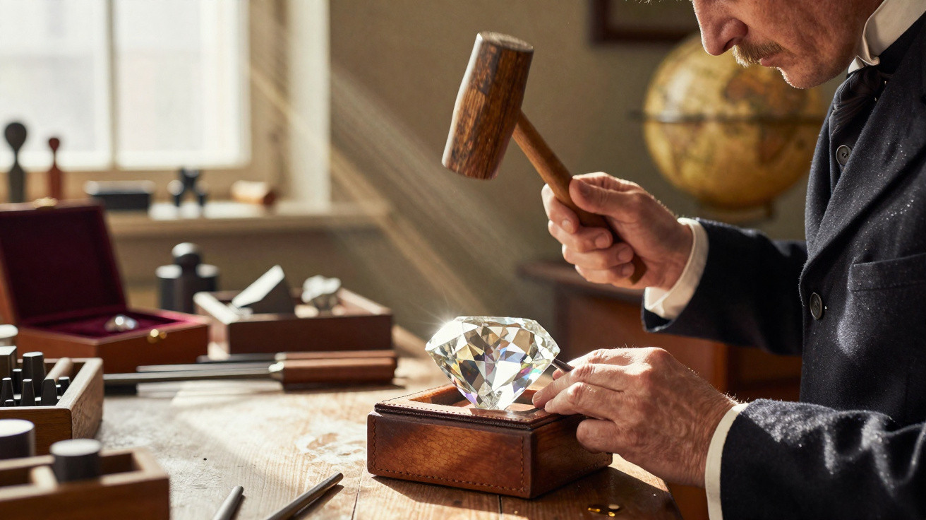Mann schlägt mit Hammer auf großen Diamanten in Holzkiste auf einem Arbeitstisch in hellem Raum.