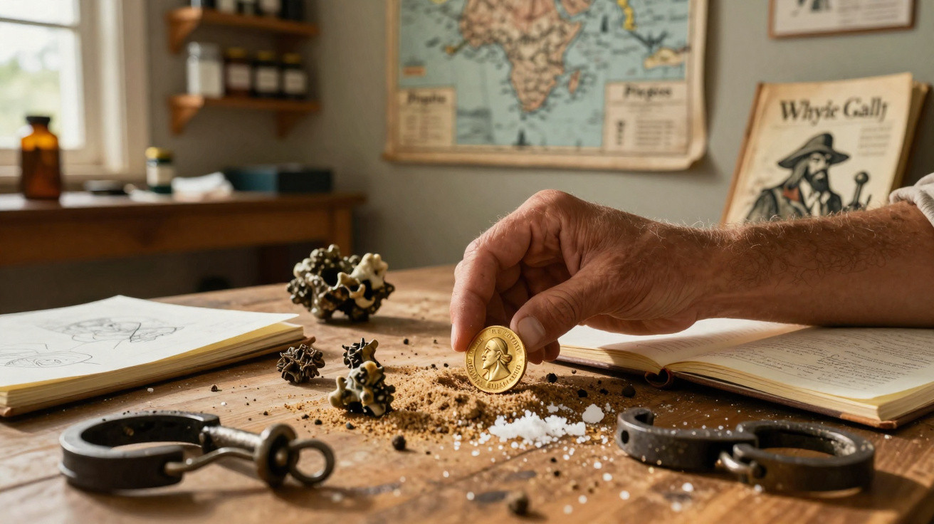 Hand hält goldene Münze über Tisch mit Skizzen, Modellen, Salz, Pfeffer und Handschellen.
