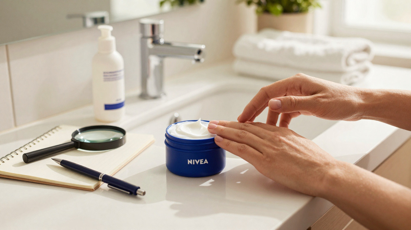 Person trägt Nivea-Creme an Händen auf Waschbecken mit Notizbuch, Stift und Lupe auf Ablage auf.