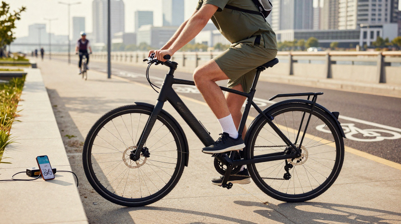 Person lädt E-Bike am Smartphone auf, sitzt auf schwarzem Fahrrad auf urbanem Radweg bei Sonnenschein.