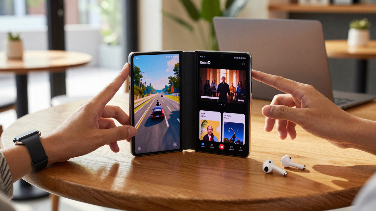 Zwei Hände bedienen ein aufgeklapptes faltbares Smartphone mit Videospielen und Videocall auf einem Holztisch.