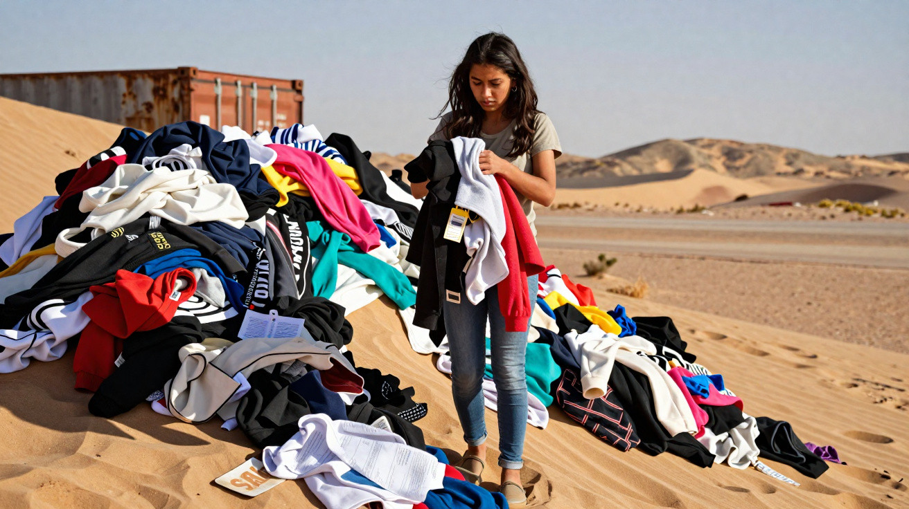 Mädchen steht in der Wüste neben einem großen Haufen bunter Kleidung auf Sanddünen.
