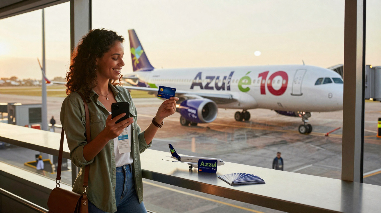 Frau am Flughafen mit Flugticket und Handy vor Azul-Flugzeug im Sonnenuntergang.