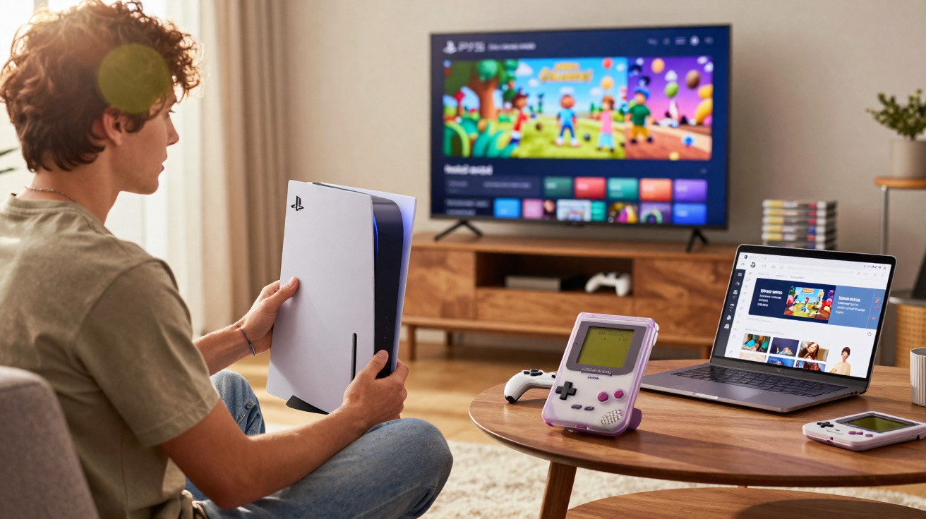 Junger Mann hält PlayStation 5, im Hintergrund TV mit Spiel, Tisch mit Game Boy, Laptop und Controllern.