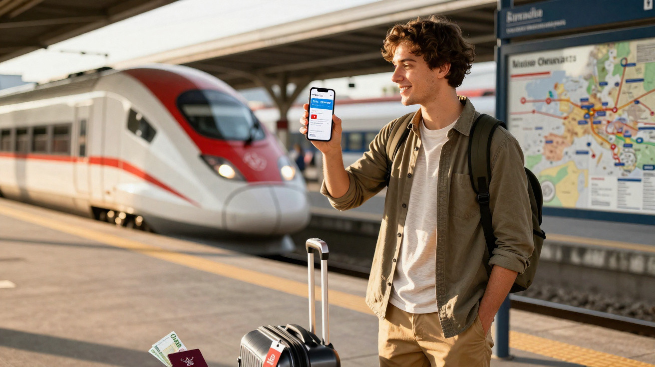 Junger Mann am Bahnhof zeigt auf Smartphone seine digitale Fahrkarte, neben ihm Koffer und ankommender Hochgeschwindigkeitszu