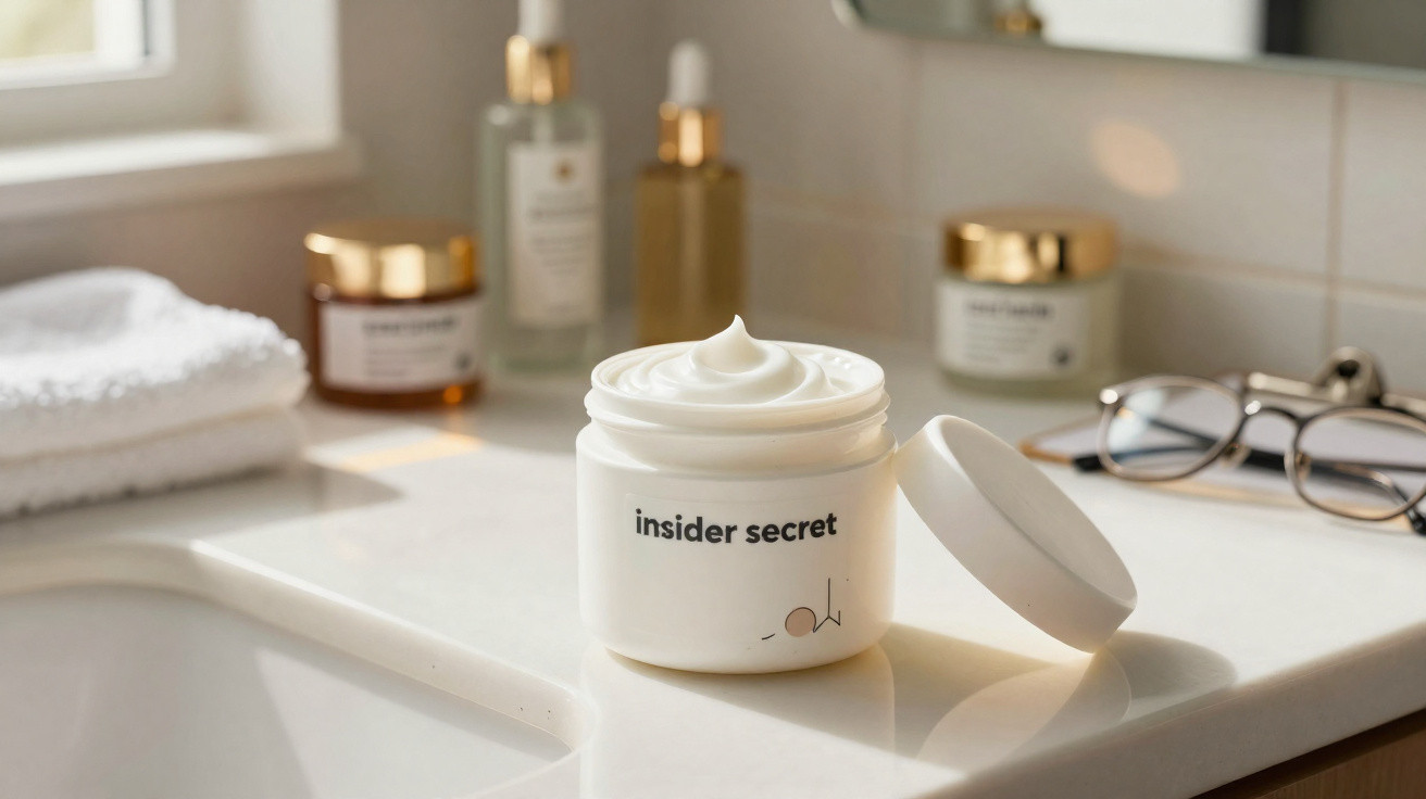 Geöffnete Dose mit weißer Hautcreme "insider secret" steht auf einem Badezimmerwaschbecken mit weiteren Pflegeprodukten.