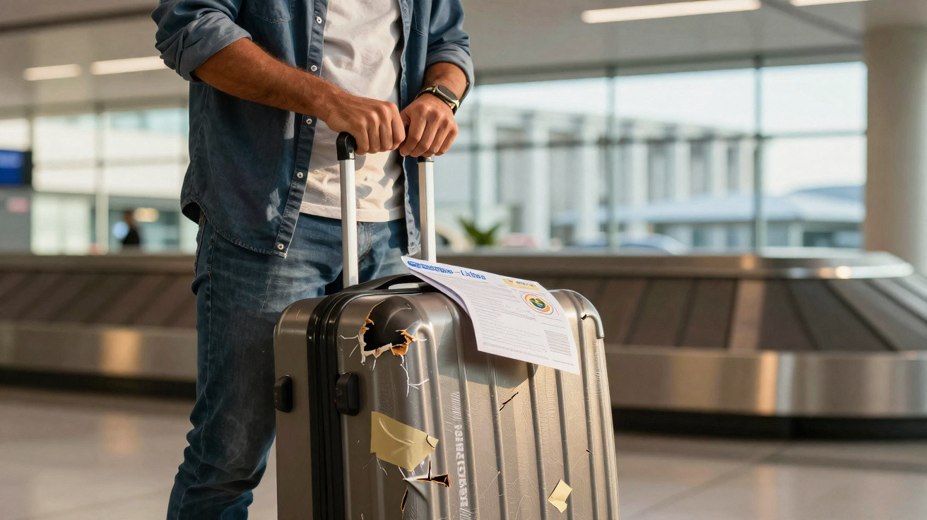 Mann steht mit beschädigtem Hartschalen-Koffer und Schadensbericht am Gepäckband eines Flughafens.