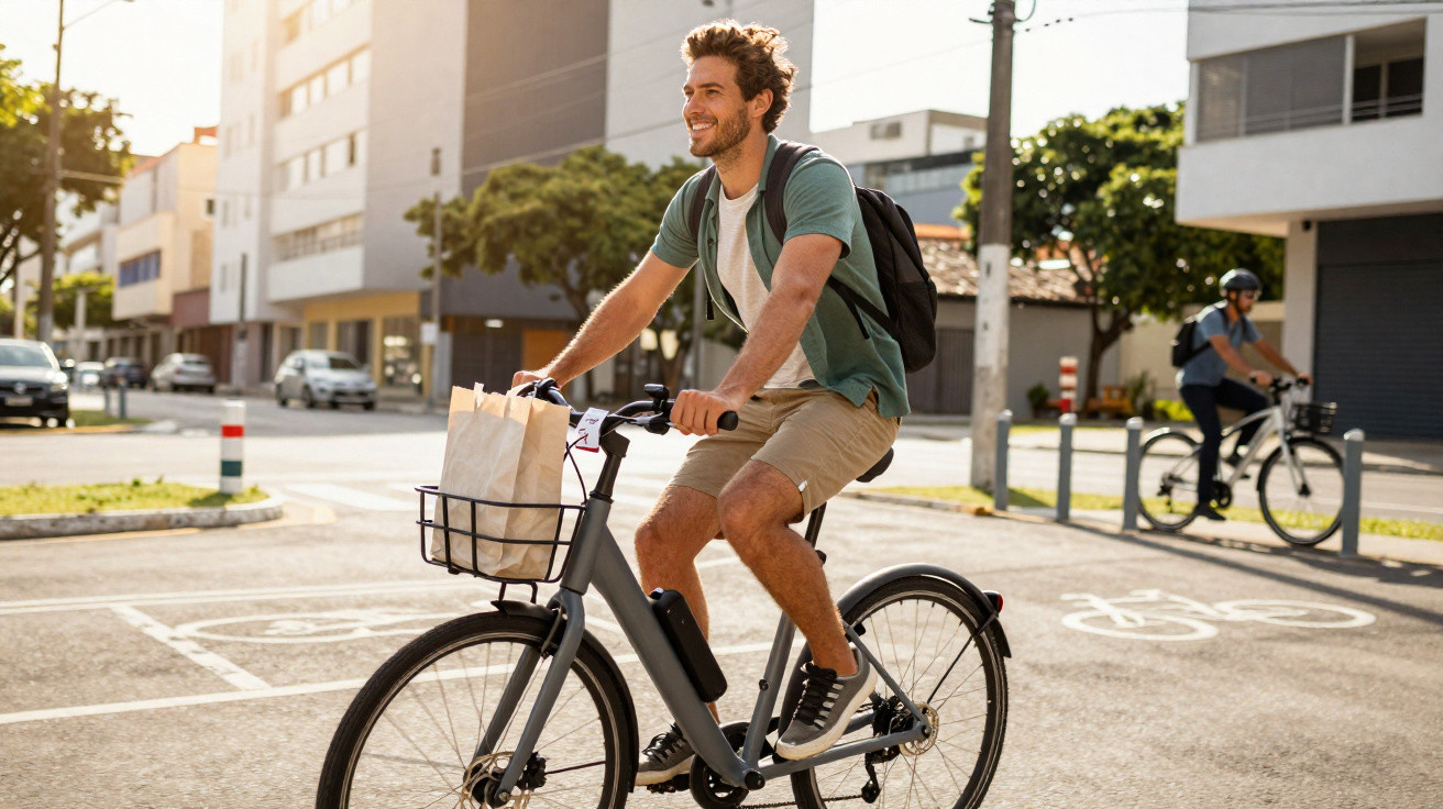 Junger Mann fährt mit E-Bike durch Stadt, Einkaufstaschen im Frontkorb, sonniger Tag, entspannte Stimmung.