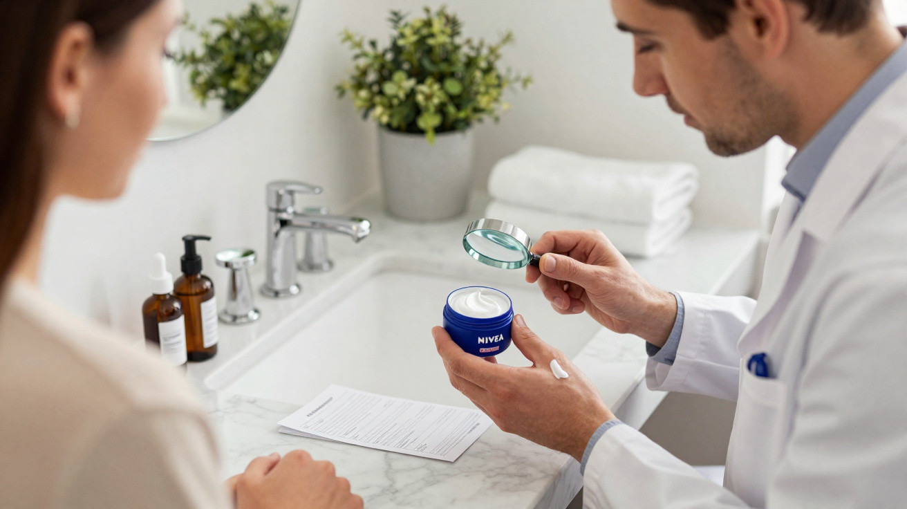 Arzt erklärt einer Frau mit Lupe die Wirkung einer Nivea-Creme in heller Badezimmerumgebung.