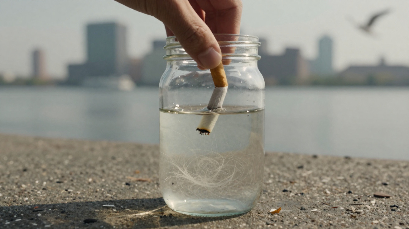 Hand hält Zigarettenstummel über ein Glas Wasser auf einem Betonpodest mit unscharfer Stadt im Hintergrund.